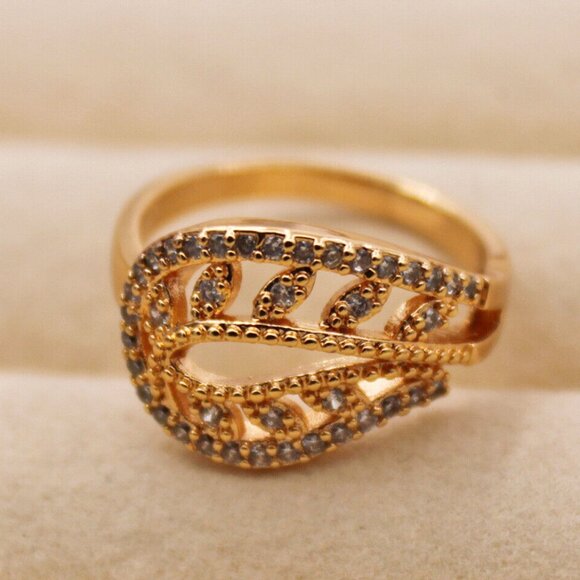 18K Yellow Gold Filled Swirl Carved Leaf Diamond Zircon Band Ring Gorgeous Gift - Picture 2 of 4